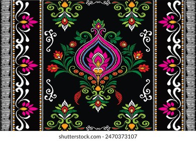 Ikat floral paisley embroidery on black background.geometric ethnic oriental pattern traditional.Aztec style abstract vector illustration.design for texture,fabric,clothing,wrapping,decoration,sarong.