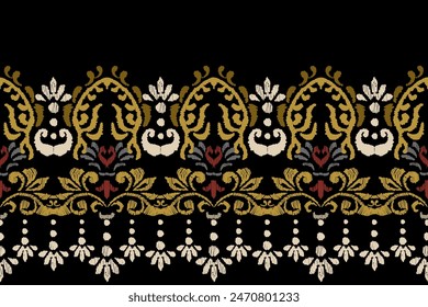 Ikat floral paisley embroidery on black background.geometric ethnic oriental pattern traditional.Aztec style abstract vector illustration.design for texture,fabric,clothing,wrapping,decoration,scarf.