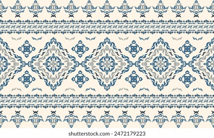 Ikat bordado de paisley floral sobre fondo de color crema. Ikat patrón étnico oriental tradicional. Estilo azteca Ilustración vectorial abstracta. Diseño para textura, tela, ropa, envoltura, decoración, sarong