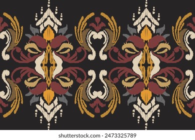 Ikat floral paisley embroidery on black background.geometric ethnic oriental pattern traditional.Aztec style abstract vector illustration.design for 