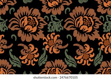 Ikat Blumen Paisley Stickerei auf schwarzem Hintergrund.Ikat ethnisch orientalisch nahtlose Muster traditionell.Aztec Stil abstrakte Vektorillustration.Design für Textur, Stoff, Kleidung, Verpackung, Dekoration.