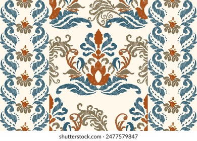 Ikat floral paisley embroidery on white background. Traditional ethnic ikat, aztec abstract vector pattern, seamless pattern in tribal, folk embroidery and mexican style.