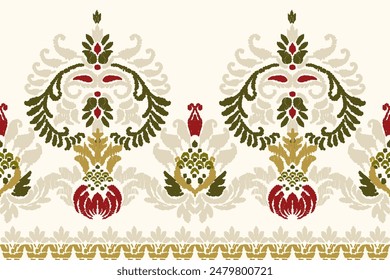 Ikat floral paisley embroidery on white background.Ikat ethnic oriental seamless pattern traditional.Aztec style abstract vector illustration.design for texture,fabric,clothing,wrapping,decoration.