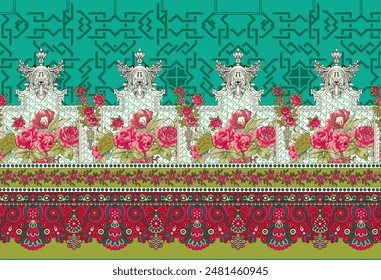 Embroderie de Paisley Florale Ikat sur Fond Blanc. Motif harmonieux D'Origine Orientale Ikat