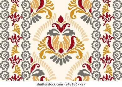 Ikat floral paisley embroidery on white background. Traditional ethnic ikat, aztec abstract vector pattern, seamless pattern in tribal, folk embroidery and mexican style.