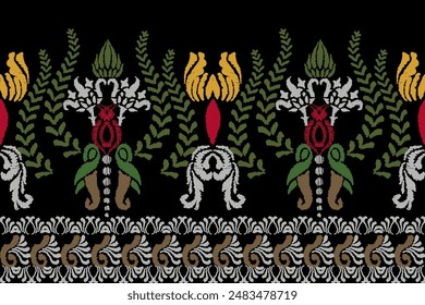 Ikat floral paisley embroidery on black background. Traditional ethnic ikat, aztec abstract vector pattern, seamless pattern in tribal, folk embroidery and mexican style.