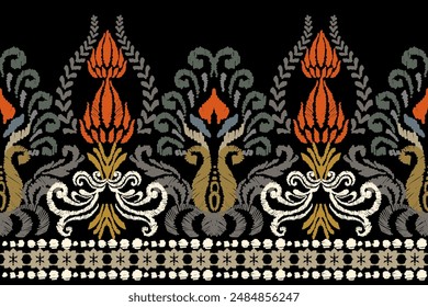 Ikat floral paisley embroidery on black background. Traditional ethnic ikat, aztec abstract vector pattern, seamless pattern in tribal, folk embroidery and mexican style.