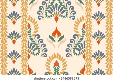 Ikat floral paisley embroidery on white background. Traditional ethnic ikat, aztec abstract vector pattern, seamless pattern in tribal, folk embroidery and mexican style.