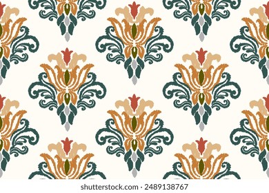 Ikat floral paisley embroidery on white background. Traditional ethnic ikat, aztec abstract vector pattern, seamless pattern in tribal, folk embroidery and mexican style.