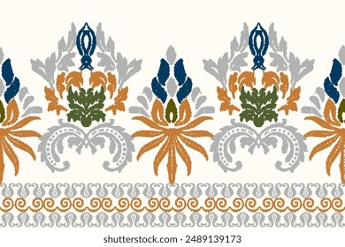Ikat floral paisley embroidery on white background. Traditional ethnic ikat, aztec abstract vector pattern, seamless pattern in tribal, folk embroidery and mexican style.