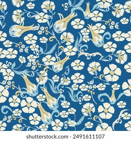 Ikat floral paisley embroidery on blue background.Ikat ethnic oriental seamless pattern traditional.Aztec style abstract vector illustration.design for texture,fabric,clothing,wrapping,decoration.