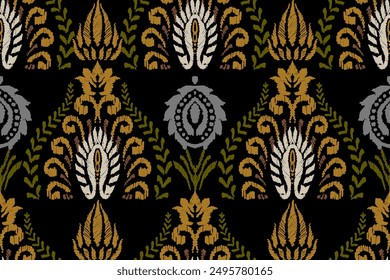 Ikat floral paisley embroidery on black background. Traditional ethnic ikat, aztec abstract vector pattern, seamless pattern in tribal, folk embroidery and mexican style.