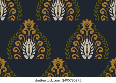 Ikat floral paisley embroidery on black background. Traditional ethnic ikat, aztec abstract vector pattern, seamless pattern in tribal, folk embroidery and mexican style.