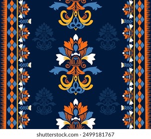 Ikat floral paisley embroidery on blue background.Ikat ethnic oriental seamless pattern traditional.Aztec style abstract vector illustration.design for texture,fabric,clothing,wrapping,decoration.