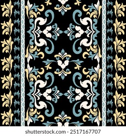Ikat floral paisley embroidery on black background.Ikat ethnic oriental seamless pattern traditional.Aztec style abstract vector illustration.design for texture,fabric,clothing,wrapping,decoration.