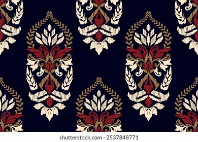 Ikat floral paisley embroidery on black background.geometric ethnic oriental pattern traditional.Aztec style abstract vector illustration.design for 