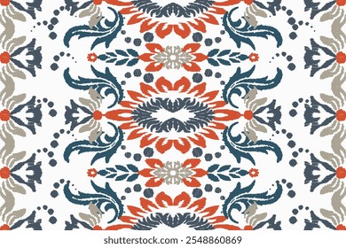 Ikat floral paisley embroidery on white background. Traditional ethnic ikat, aztec abstract vector pattern, seamless pattern in tribal, folk embroidery and mexican style.