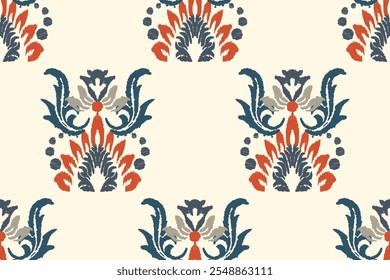Ikat floral paisley embroidery on white background. Traditional ethnic ikat, aztec abstract vector pattern, seamless pattern in tribal, folk embroidery and mexican style.