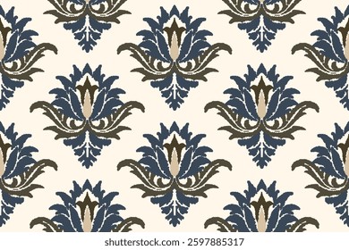Ikat floral paisley embroidery on white background. Traditional ethnic ikat, aztec abstract vector pattern, seamless pattern in tribal, folk embroidery and mexican style.