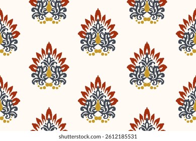 Ikat floral paisley embroidery on white background. Traditional ethnic ikat, aztec abstract vector pattern, seamless pattern in tribal, folk embroidery and mexican style.