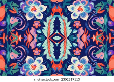 Ikat floral paisley embroidery pattern tropical background.  Abstract traditional folk ancient antique tribal ethnic graphic line. Ornate elegant luxury vintage retro style.