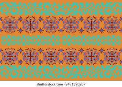 Ikat floral paisley embroidery seamless pattern on blue background. Ikat ethnic oriental pattern traditional. Aztec style abstract vector illustration. design for ikat fashion texture,fabric,clothing
