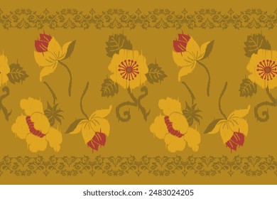 Ikat floral paisley embroidery seamless pattern on gold background. Ikat ethnic oriental pattern traditional. Aztec style abstract vector illustration. design for ikat fashion texture,fabric,clothing,