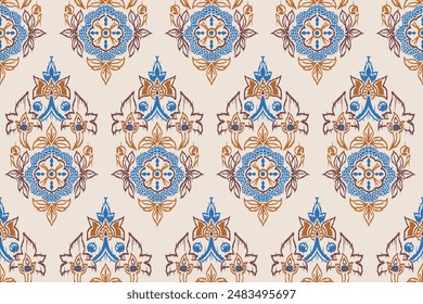 Ikat floral paisley embroidery seamless pattern on background. Ikat ethnic flower oriental pattern traditional. Aztec style abstract vector illustration. design for ikat floral fashion fabric,clothing