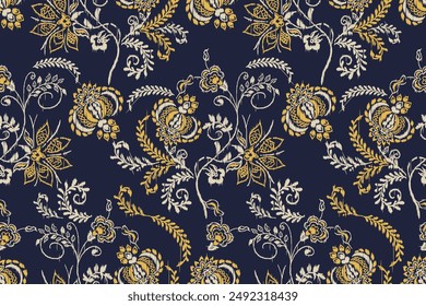 Ikat floral paisley embroidery seamless pattern on background. Ikat ethnic oriental pattern traditional. Aztec style abstract vector illustration. design for ikat fashion texture,fabric,clothing,wrapp