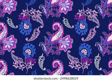 Ikat floral paisley embroidery seamless pattern on background. Ikat ethnic flower oriental pattern traditional. Aztec style abstract vector illustration. design for ikat floral fashion fabric,clothing