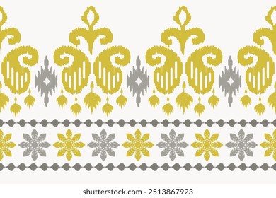 Ikat floral paisley embroidery seamless pattern. Ikat ethnic flower oriental pattern traditional. Motifs African boho. Ethnic ikat floral Border Indian floral Aztec embroidery border