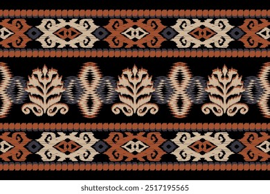 Ikat florale Paisley Stickerei nahtloses Muster. Ikat ethnische Blume orientalische Muster traditionell. Motive afrikanischer Boho. Ethnische Kat Blumengrenze Indische Blume Aztec Stickerei Grenze