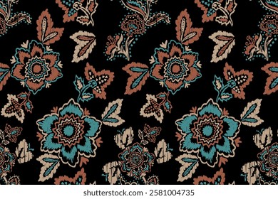 Ikat floral paisley embroidery seamless pattern on background. Ikat ethnic flower oriental pattern traditional. Aztec style abstract vector illustration. design for ikat floral fashion fabric,clothing