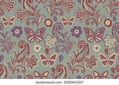 Ikat floral paisley embroidery seamless pattern on background. Ikat ethnic flower oriental pattern traditional. Aztec style abstract vector illustration. design for ikat floral fashion fabric,clothing