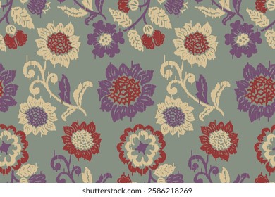 Ikat floral paisley embroidery seamless pattern on background. Ikat ethnic flower oriental pattern traditional. Aztec style abstract vector illustration. design for ikat floral fashion fabric,clothing