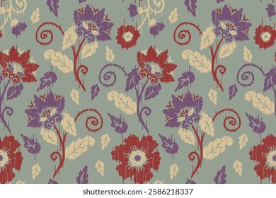 Ikat floral paisley embroidery seamless pattern on background. Ikat ethnic flower oriental pattern traditional. Aztec style abstract vector illustration. design for ikat floral fashion fabric,clothing