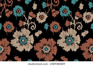 Ikat floral paisley embroidery seamless pattern on background. Ikat ethnic flower oriental pattern traditional. Aztec style abstract vector illustration. design for ikat floral fashion fabric,clothing