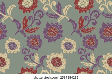 Ikat floral paisley embroidery seamless pattern on background. Ikat ethnic flower oriental pattern traditional. Aztec style abstract vector illustration. design for ikat floral fashion fabric,clothing