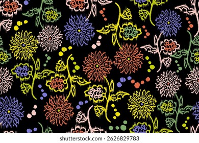 Ikat floral paisley embroidery seamless pattern on background. Ikat ethnic flower oriental pattern traditional. Aztec style abstract vector illustration. design for ikat floral fashion fabric,clothing