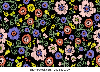 Ikat floral paisley embroidery seamless pattern on background. Ikat ethnic flower oriental pattern traditional. Aztec style abstract vector illustration. design for ikat floral fashion fabric,clothing