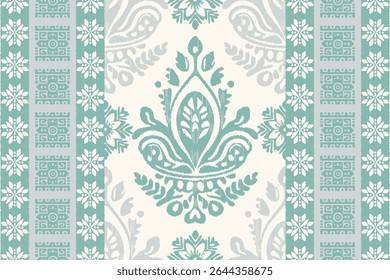 Ikat floral paisley embroidery seamless pattern. Ikat ethnic flower oriental pattern traditional. Motifs African boho. Ethnic ikat floral Border Indian floral Aztec embroidery border