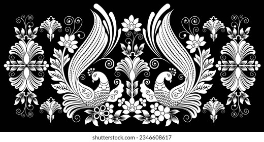 Ikat floral paisley and Peacock embroidery on black background.geometric ethnic oriental pattern traditional.Aztec style abstract vector illustration.design for texture,fabric,clothing,wrapping,