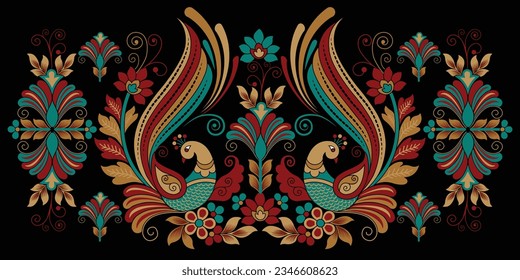 Ikat floral paisley and Peacock embroidery on black background.geometric ethnic oriental pattern traditional.Aztec style abstract vector illustration.design for texture,fabric,clothing,wrapping,