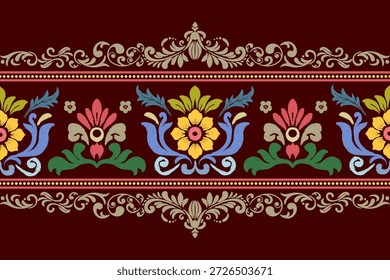 Borde de patrón floral Ikat. Motivos Ikat patrón oriental étnico floral tradicional. Ilustración vectorial abstracta de estilo azteca. diseño para textura, tela, bufanda, fondo, alfombra, alfombra