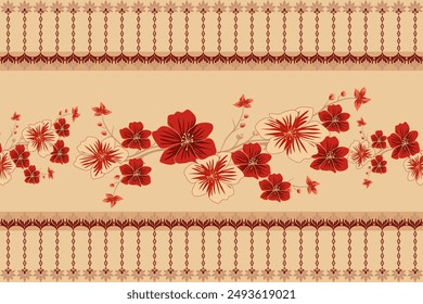 Ikat floral Patrón dibujo a mano, Motivo étnico sin costuras ilustración textil, bordado, impresión a rayas ornamento floral, patrón, diseño para envoltura, seda, bufanda, fondo, textil, 