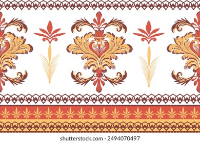 Ikat floral Patrón dibujo a mano, Motivo étnico sin costuras ilustración textil, bordado, impresión a rayas ornamento floral, patrón, diseño para envoltura, seda, bufanda, fondo, textil, 