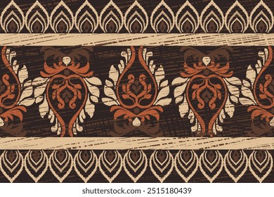 Ikat  floral pattern hand drawn on Dark tones, Motif ethnic  floral seamless textil,  embroidery, print striped ornament floral, pattern, design for wrapping, silk, scarf, background, textile