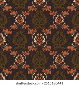 Ikat padrão floral mão desenhada em tons escuros, Motif floral étnico textil sem costura, bordado, imprimir listrado ornamento floral, padrão, design para embrulhar, seda, cachecol, fundo, têxtil