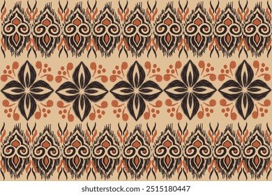 Ikat padrão floral mão desenhada em tons escuros, Motif floral étnico textil sem costura, bordado, imprimir listrado ornamento floral, padrão, design para embrulhar, seda, cachecol, fundo, têxtil