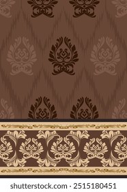 Ikat patrón floral dibujado a mano en tonos oscuros, motivos florales étnicos sin costuras textil, bordado, estampado de rayas ornamento, patrón floral, diseño para envolver, seda, bufanda, fondo, textil